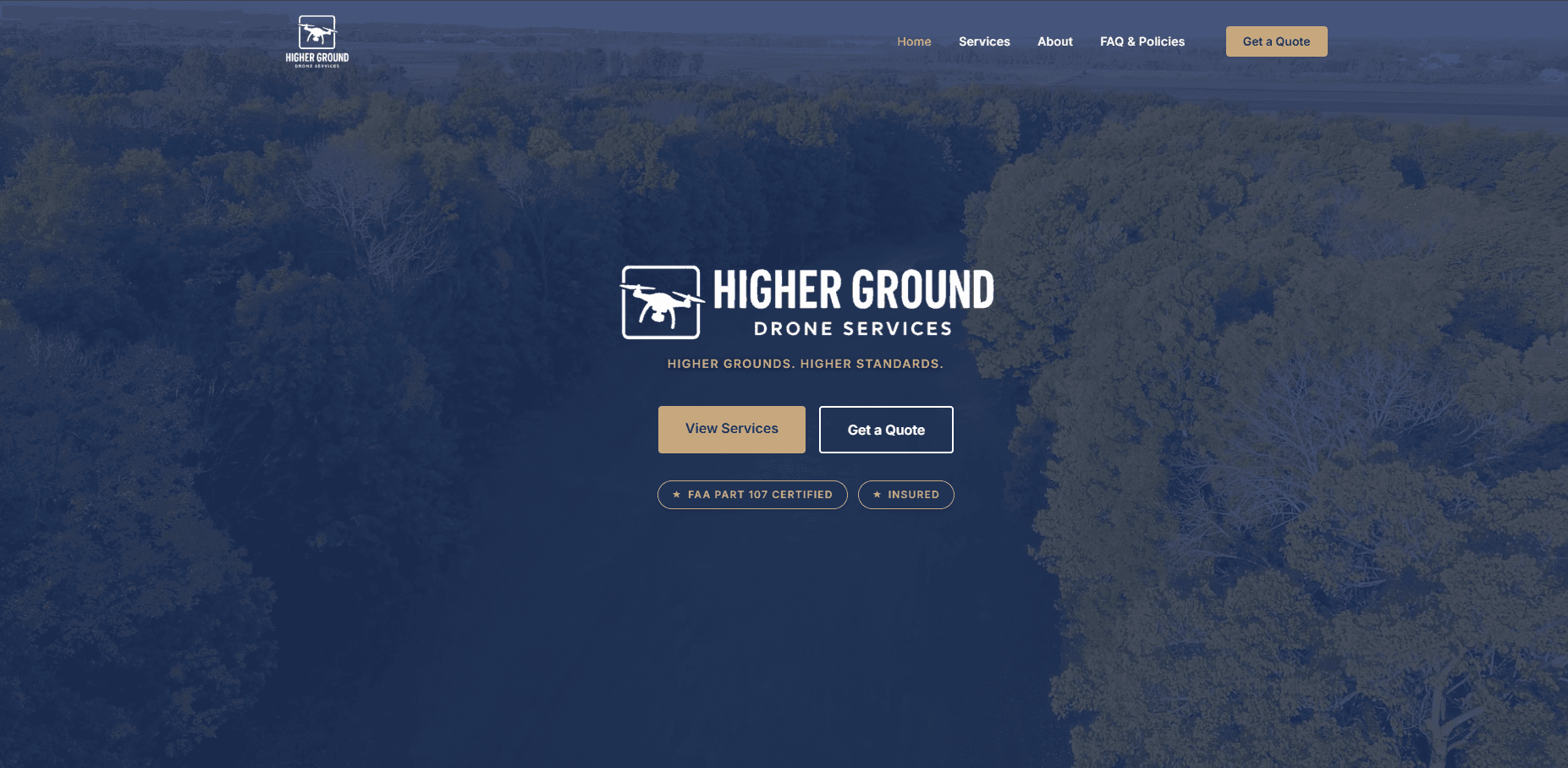 Higher Grounds Drone Service homepage — professional aerial services with tiered pricing